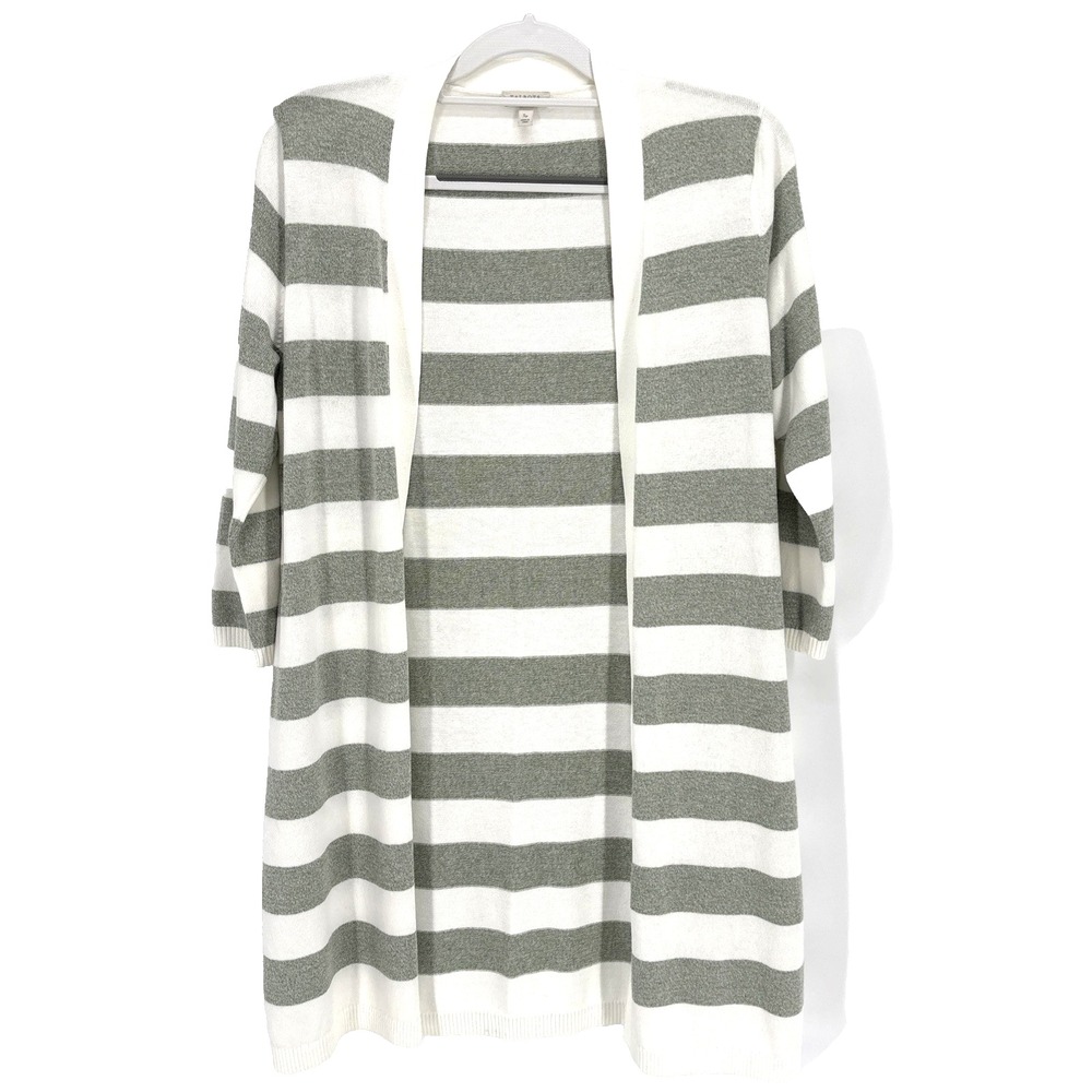 Talbots Cardigan Womens Small Petite Olive Green White Striped Cotton Open